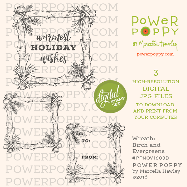 Wreath: Birch and Evergreens Digital Stamp Set